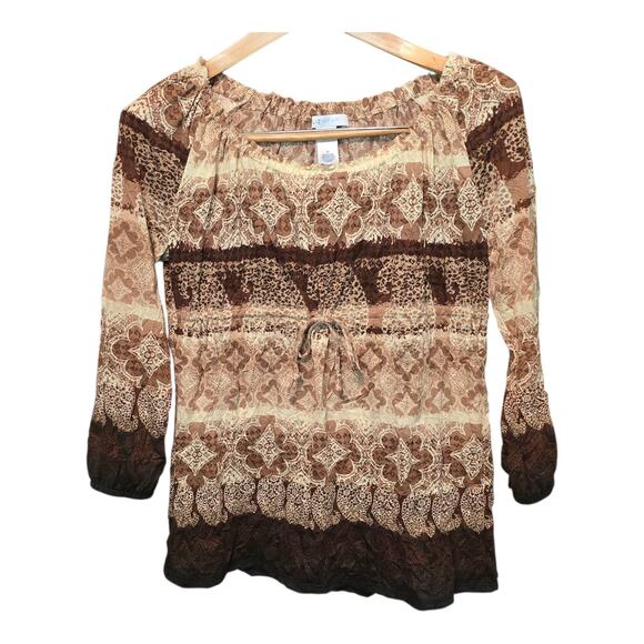 LizWear Earthy Boho Womens Top Size Medium Brown Leopard Paisley Geometric Print - Picture 1 of 10